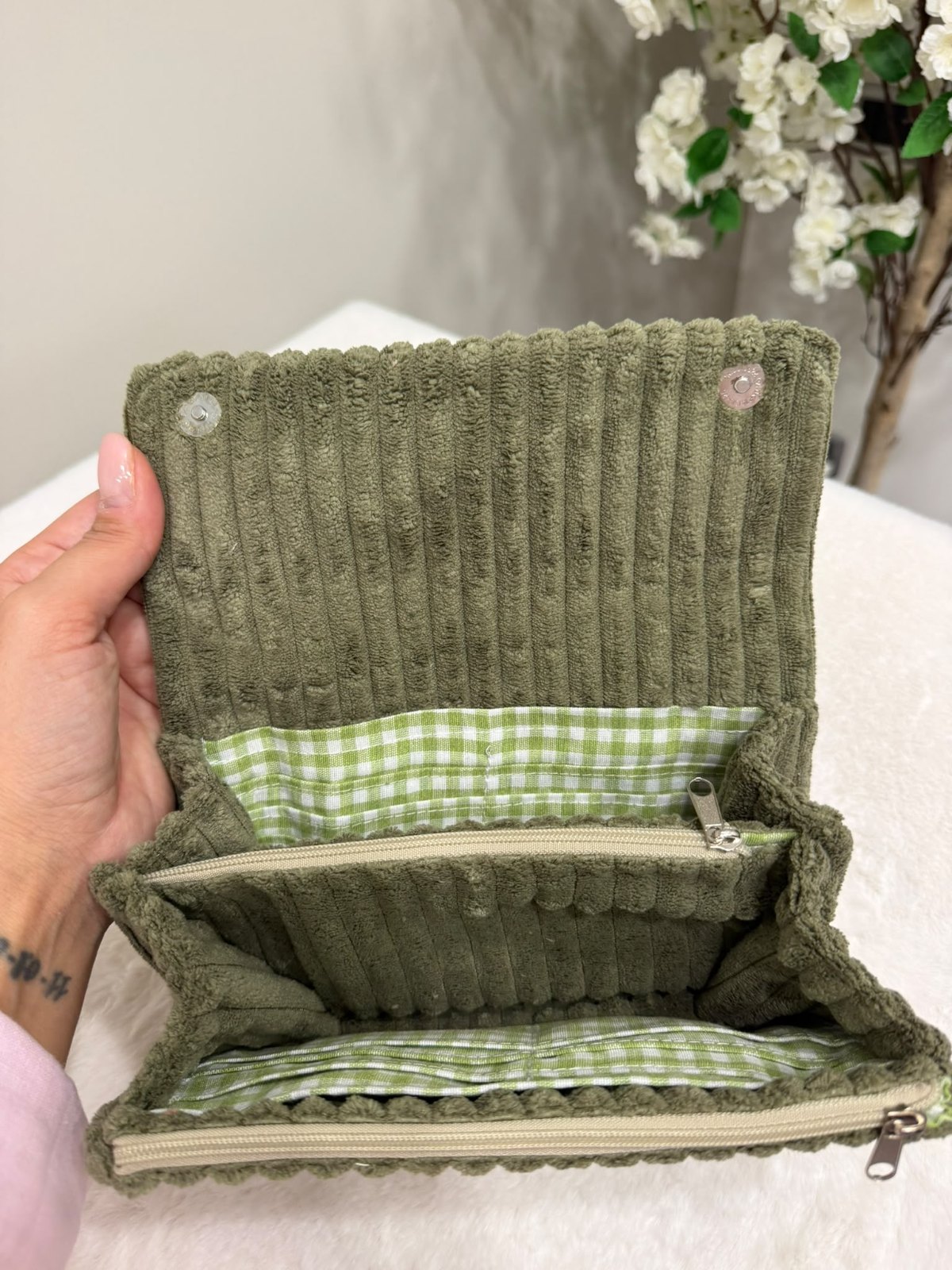 Borsellino Velluto - Verde oliva e quadri