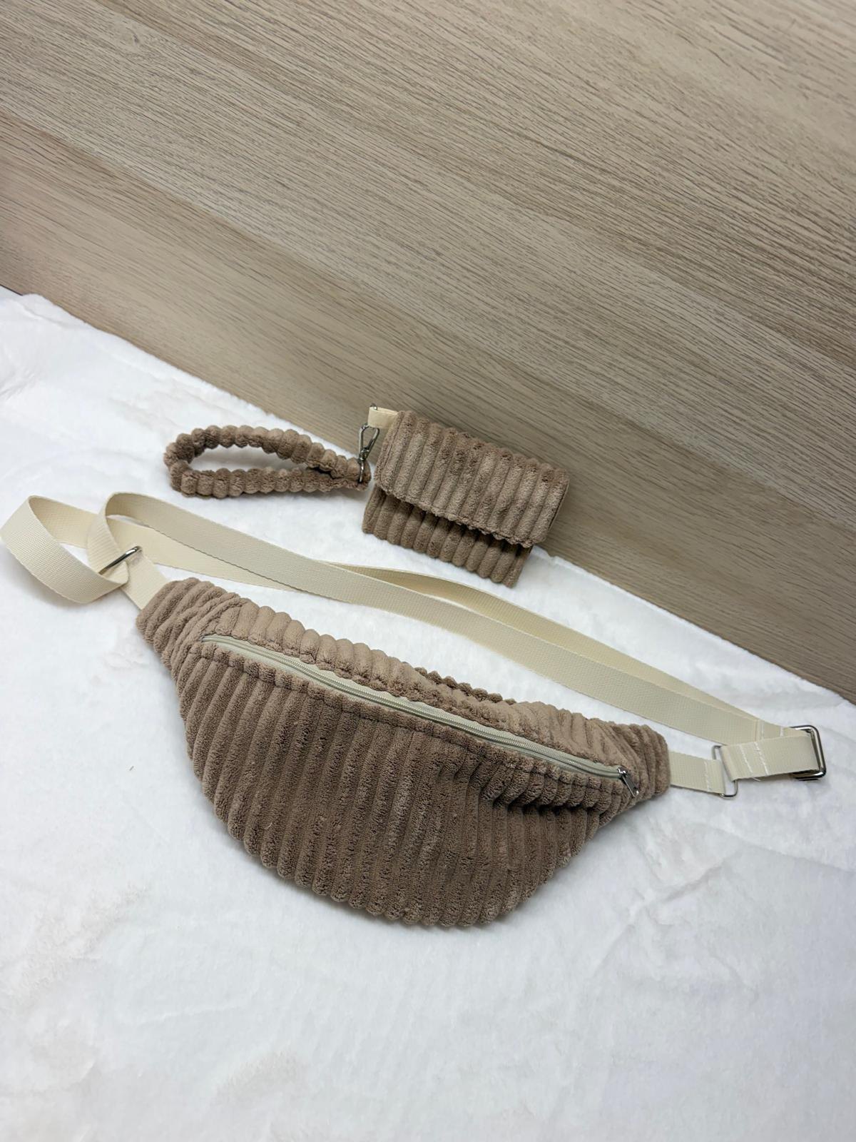 Set Marsupio + Portafoglio Mini in velluto Nocciola