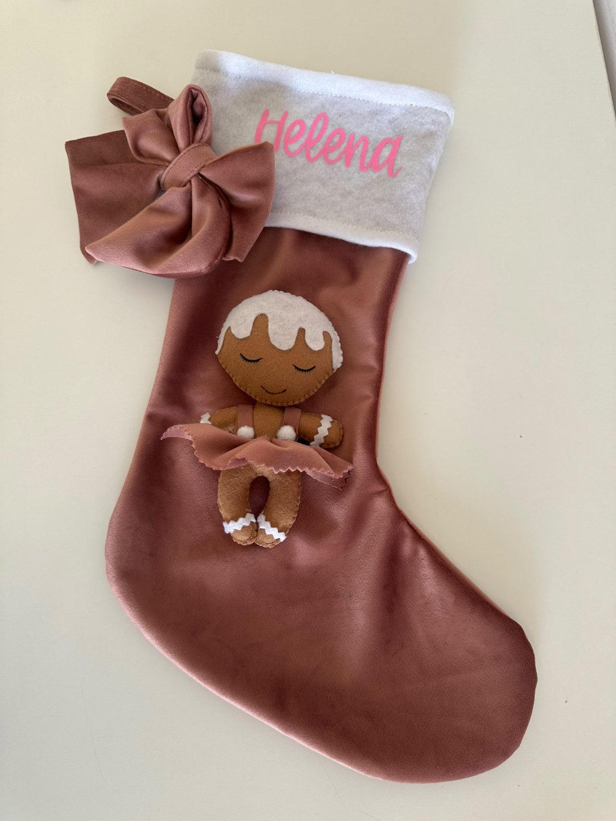 Calza Velluto rosa con Omino pan di zenzero